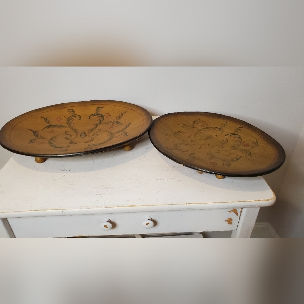 Set of Two Tole Painted Woodem Oval Decorative Trays/Platters Farmhouse Style